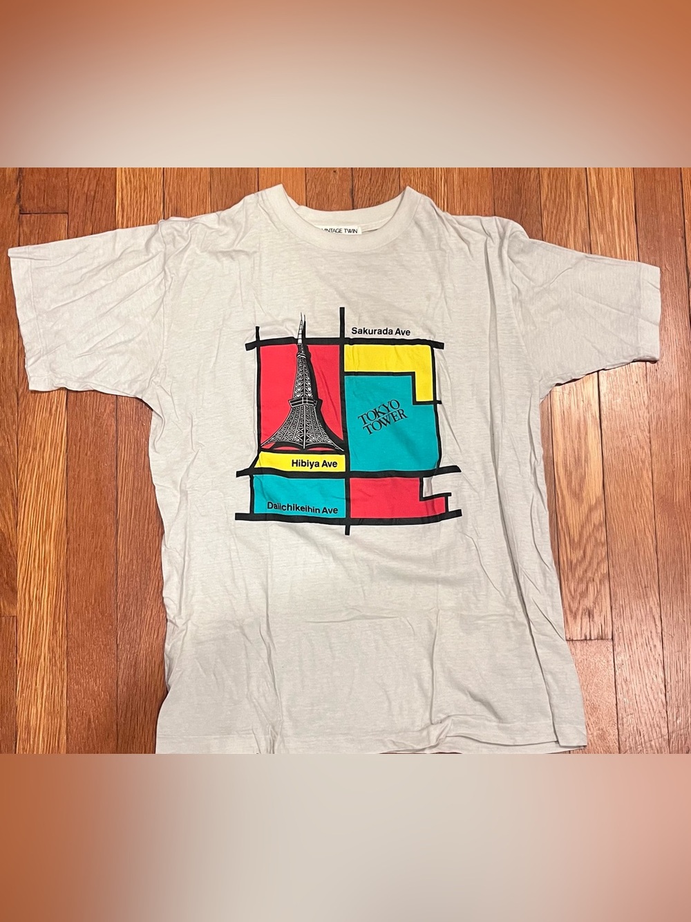 Vintage Twin White Tee with Red, Yellow & Teal Tokyo Tower Graphic